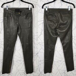 Turrath Army Green Lambskin Leather Mid Rise Skinny Pants